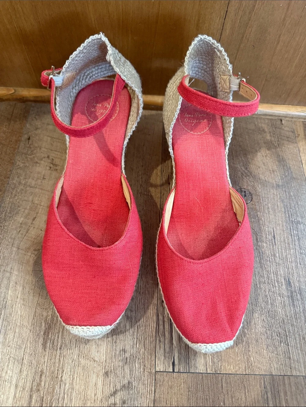 Toni Pins Red Ankle-Strap Espadrille Wedges